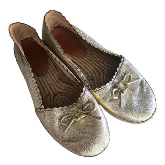 Kate Spade Platform Loafers 7.5 Gold Metallic Women Loranne Slip On Accents Bow - Picture 2 of 13